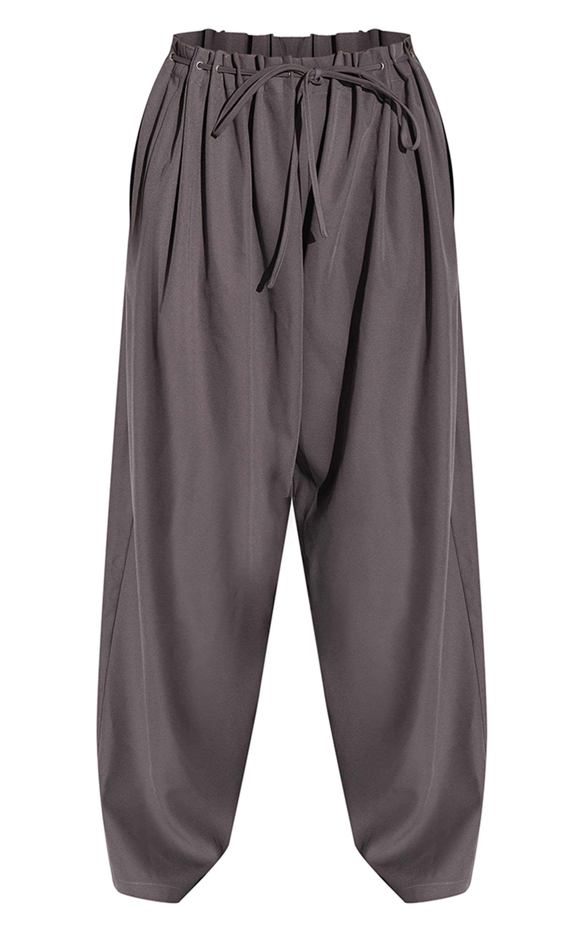 Gris Pantalon Large À Taille Œillets Et Plis