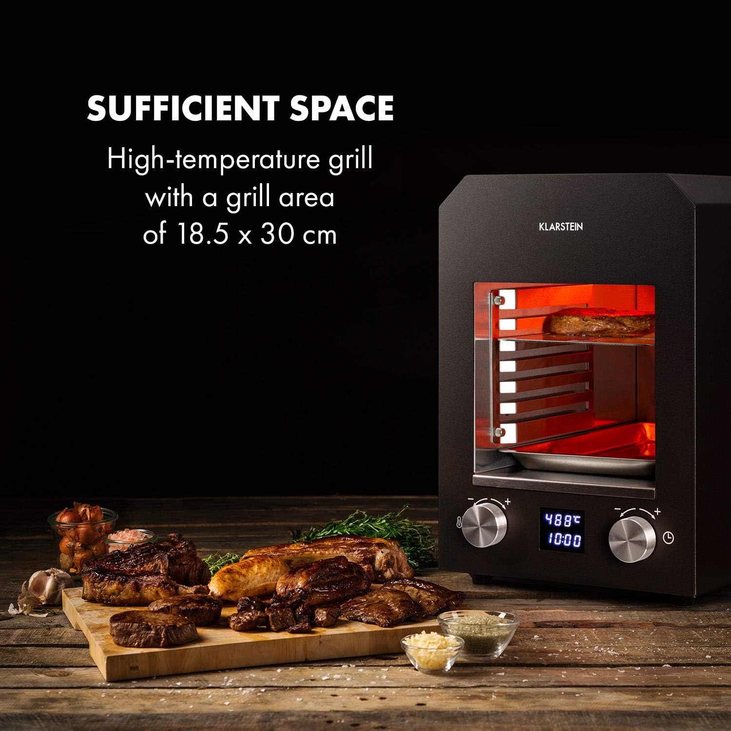Klarstein Hannibal - Hochtemperaturgrill, Indoor-Grillgerät, Leistung: 2.200 W, Temperatur: 200-850 °C, Infrarot-Heizelement, CharForce System, Grillfläche: 18,5 x 30 cm, LED-Display, Timer, schwarz
