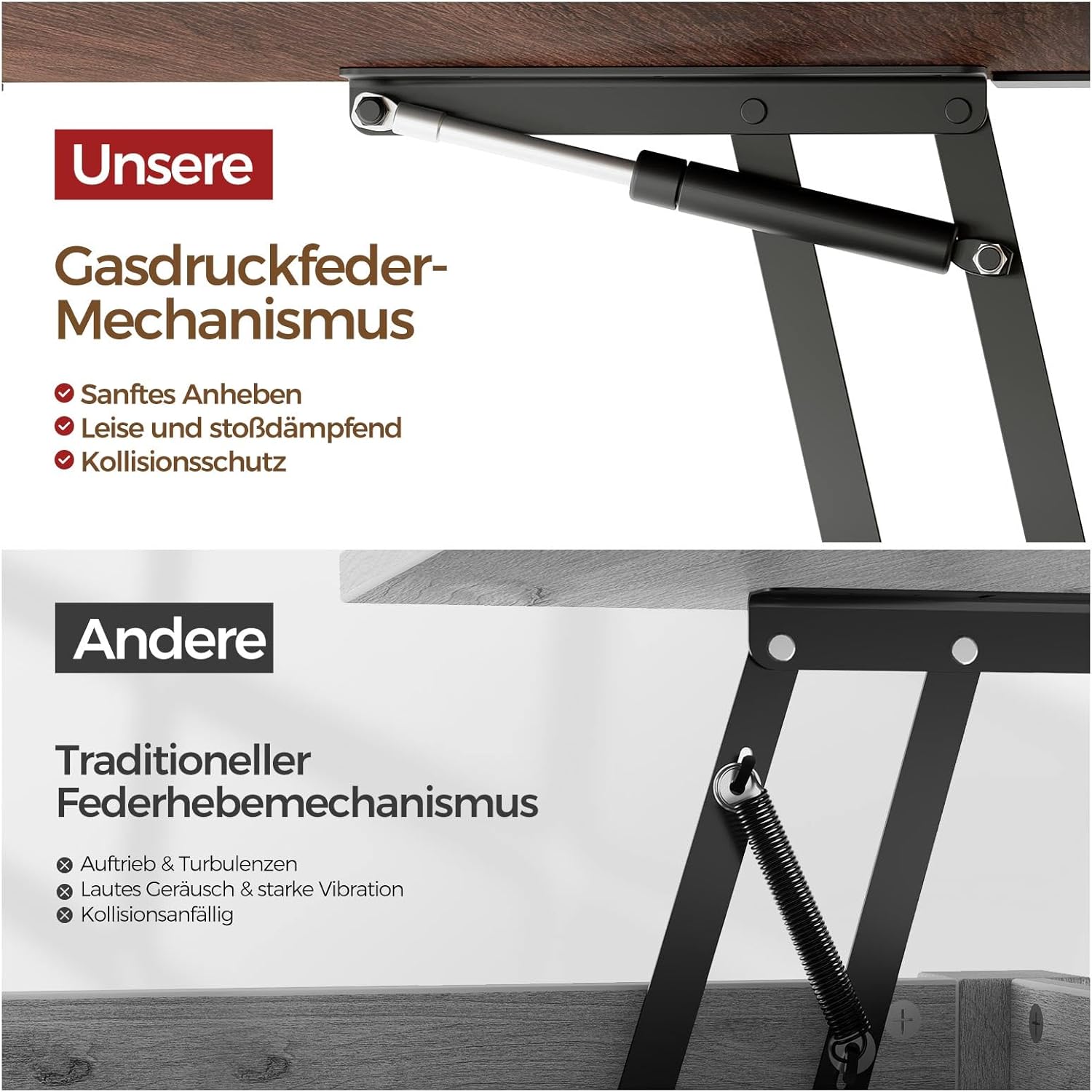 Rolanstar Höhenverstellbarer Couchtisch mit 2 Schubladen, 100 x 50 cm Wohnzimmertisch aus Holz,Platzsparend & Einfach Montiert für Schlafzimmer, braun