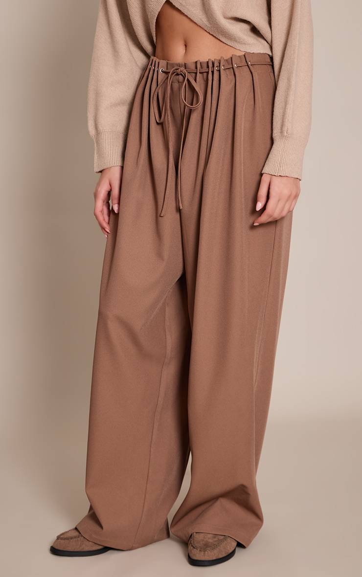 Light Brown Pantalon Large À Taille Œillets Et Plis