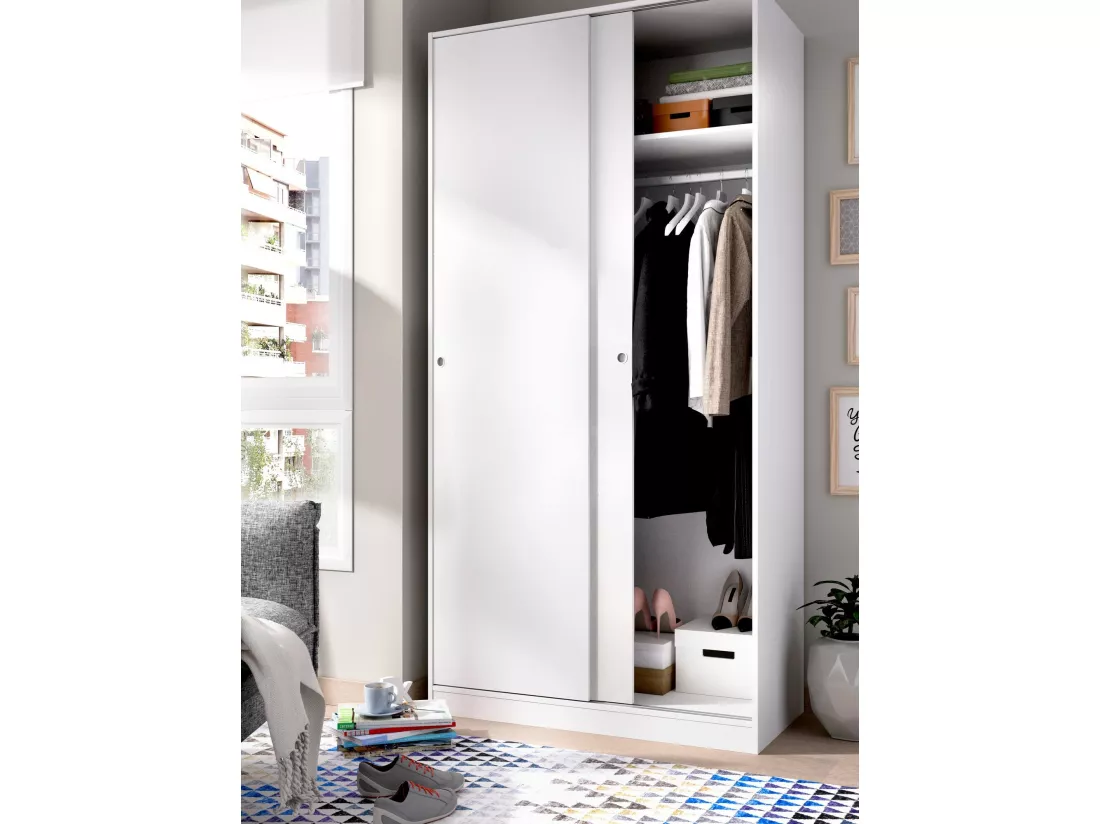 Armoire Kilimandjaro, Cintre pour chambre à coucher, Armoire avec 2 portes coulissantes, 100x50h204 cm, Blanc