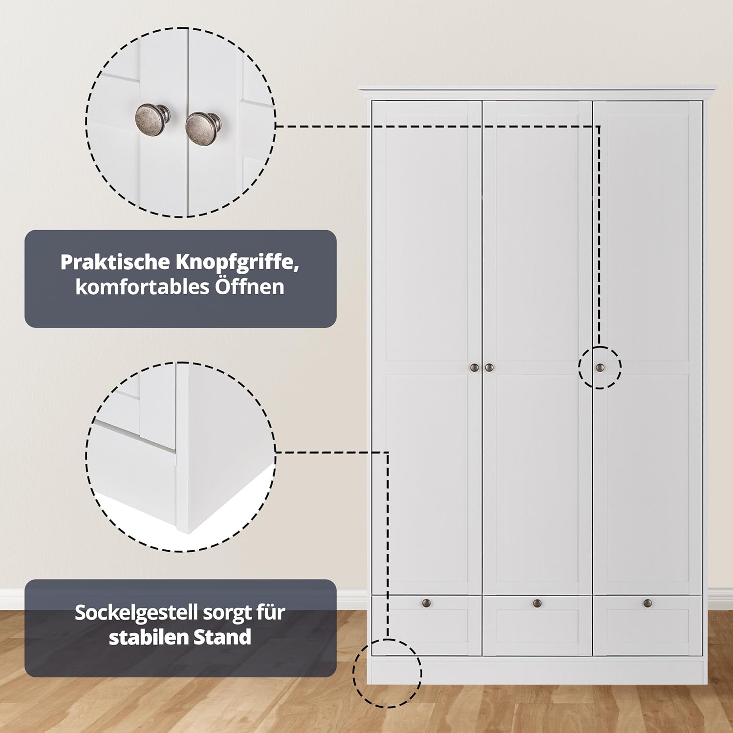 KHG Drehtürenschrank weiß 3 Türen 3 Schubkästen 1 Kleiderstange 5 höhenverstellbare Einlegeböden Sockelgestell Landhaus Stil