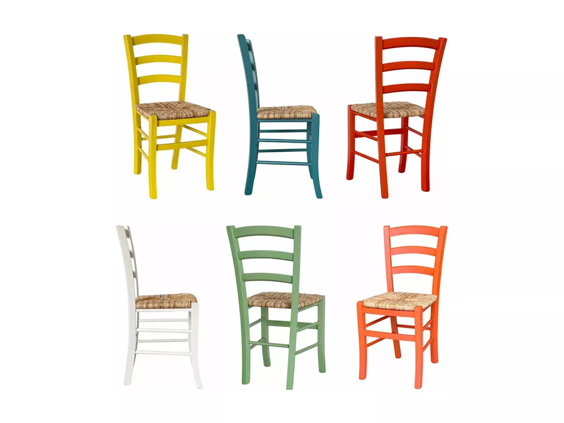 Lot de 6 chaises en bois Venise orange jaune turquoise vert blanc rouge