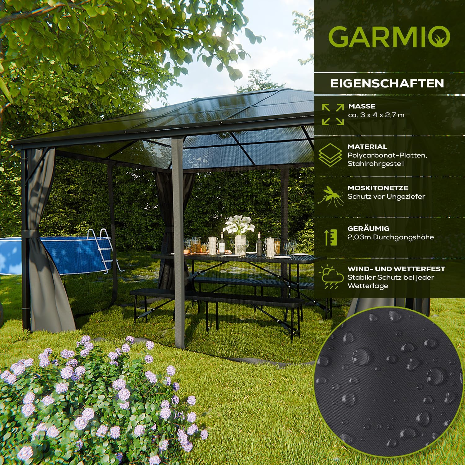 Pavillon 3x4m Garten Überdachung mit Polycarbonat - Dach & Moskitonetz, Seitenteile wasserdicht in anthrazit, mit Metallgestell & Aluminiumrahmen, für Outdoor
