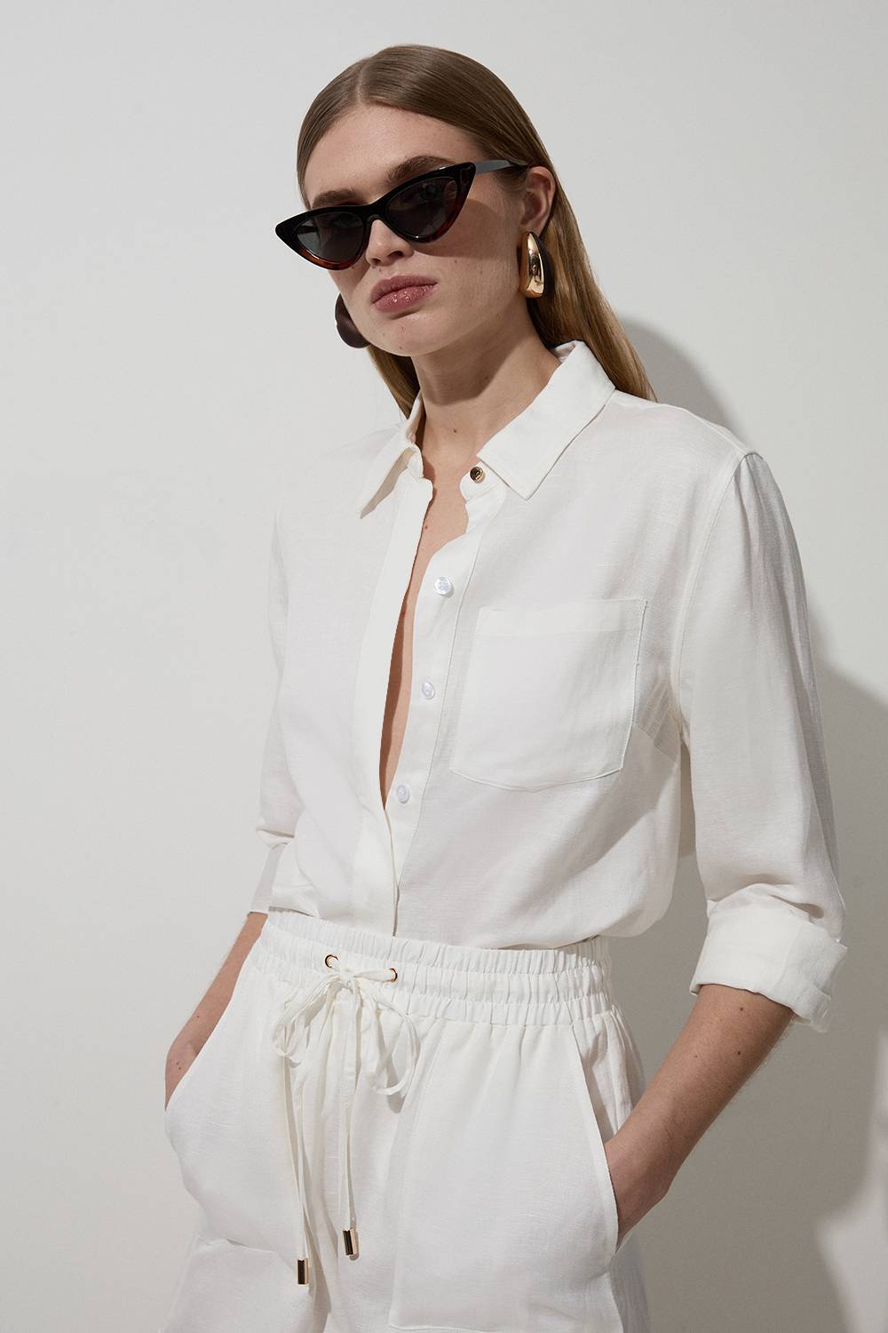 KarenMillen Chemise à manches longues tissée en lin et viscose