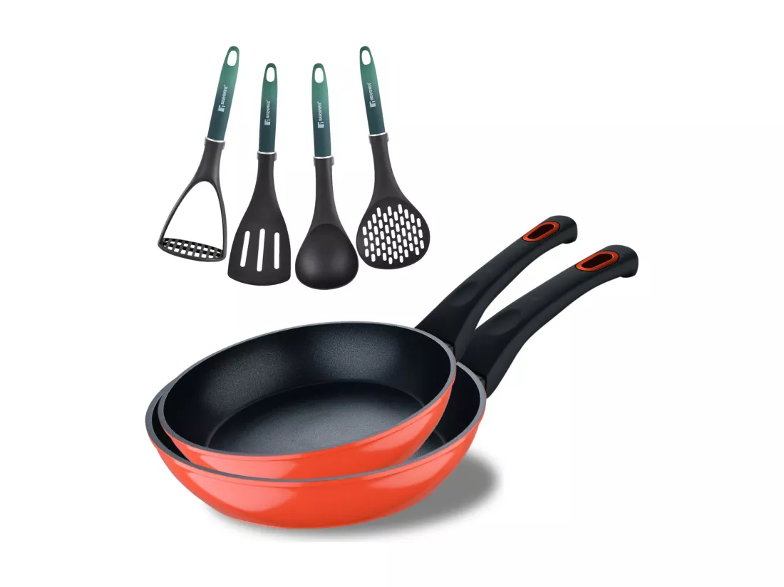 Lot de 2 poêles CLASSIQUE Ø20Ø26cm antiadhésives en aluminium forgé + ustensiles de cuisine Bergner vert