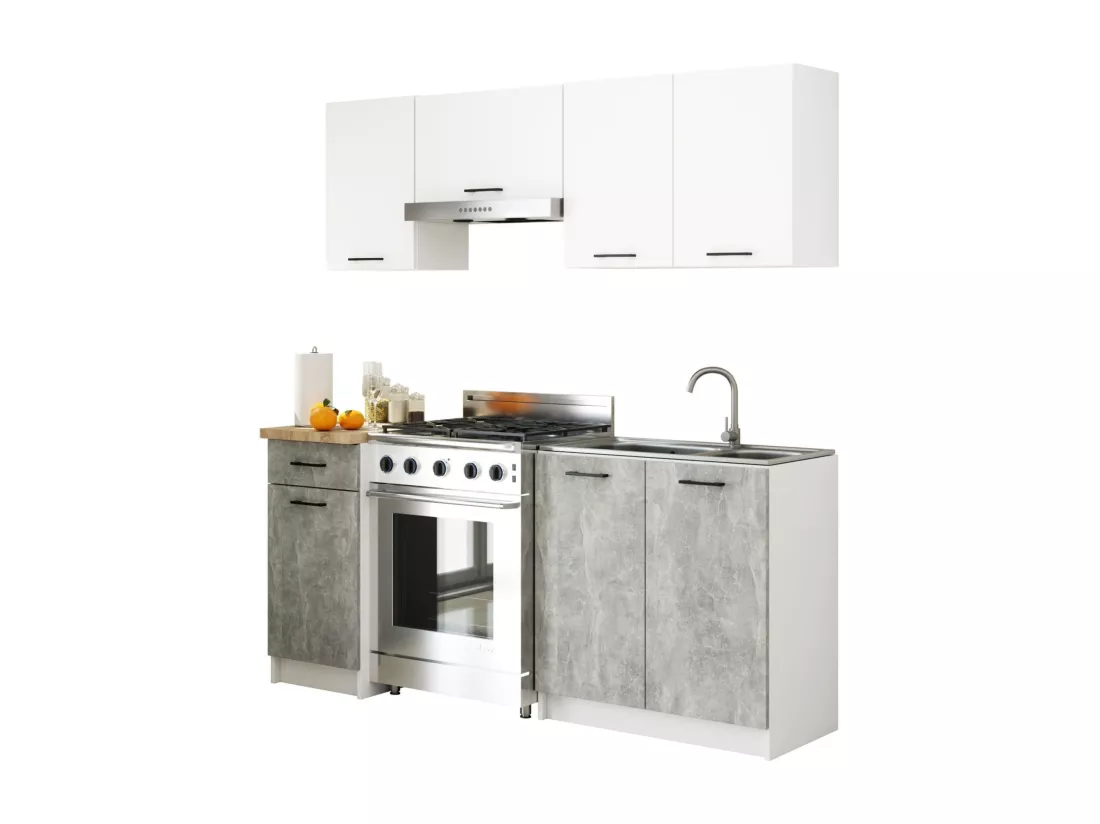 Ensemble De Cuisine AKORD OLIWIA 1.8m Blanc 180 cm 7 portes 1 tiroir façade Béton 8 étagères 180x46x203 cm