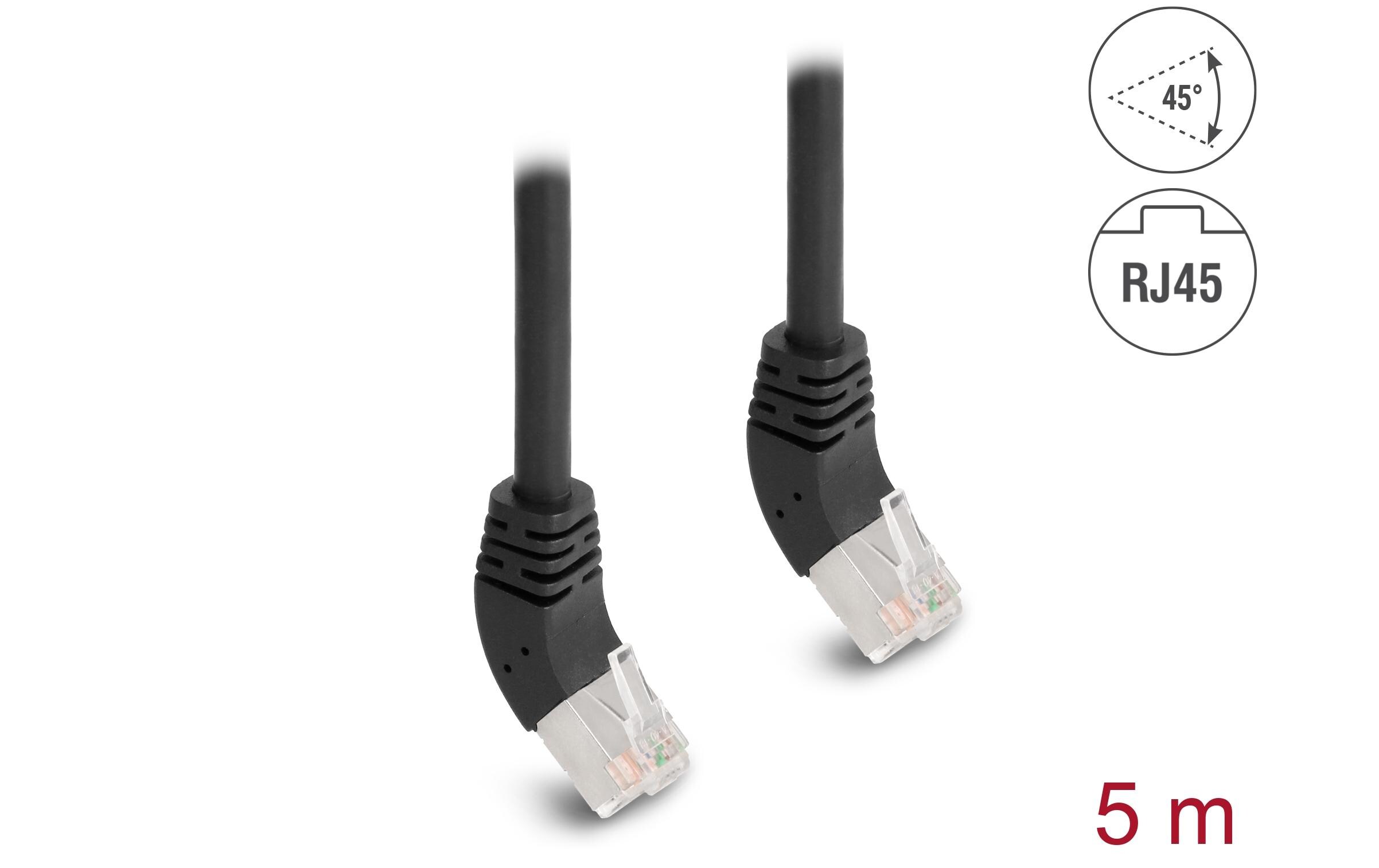 Patchkabel 45° oben gewinkelt Cat 6A, S/FTP, 5 m, SchwarzDelock RJ45 Netzwerkkabel Cat.6A S/FTP 45° nach oben gewinkelt 5 m schwarz