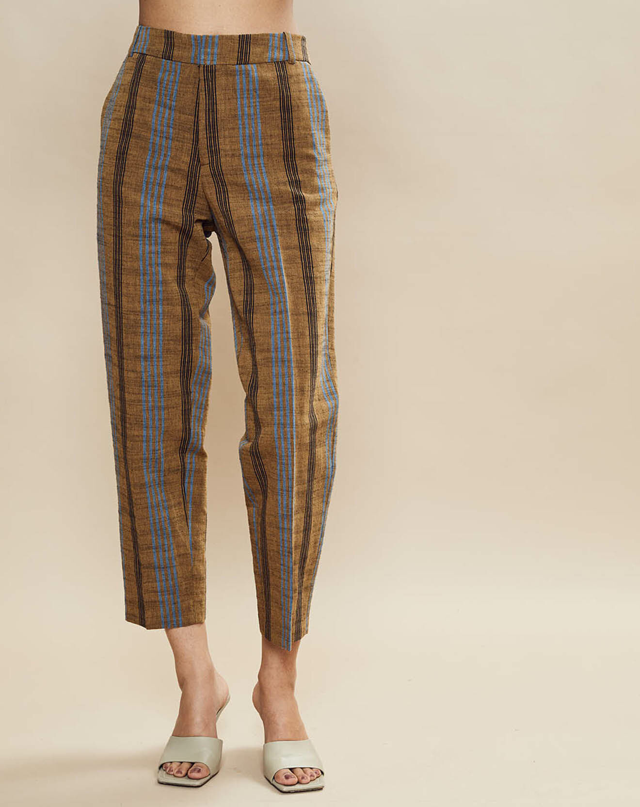 Chloé Stora Pantalon en Coton & Lin rayé Pavel marron