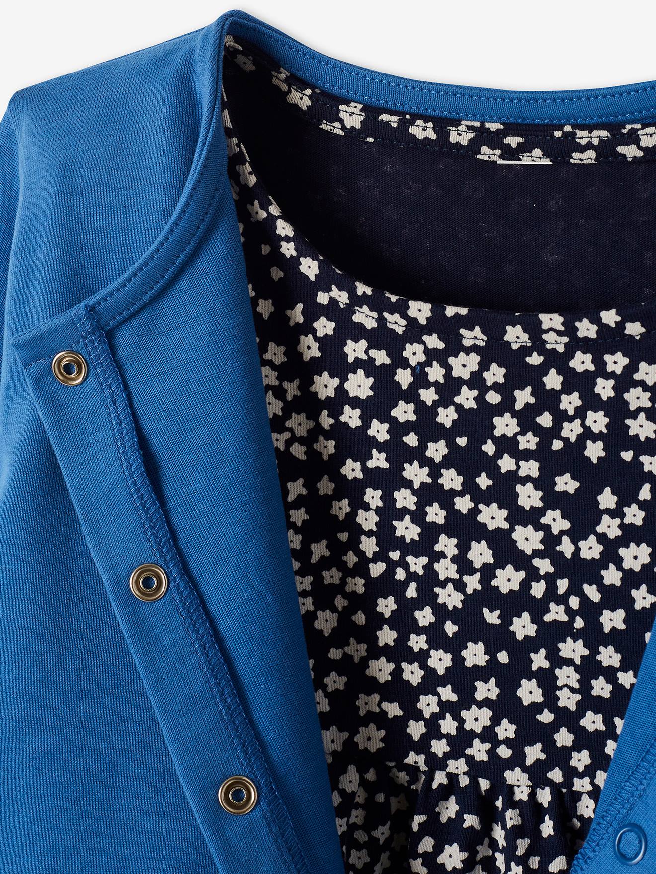 Conjunto de vestido e casaquinho infantil, azul médio liso