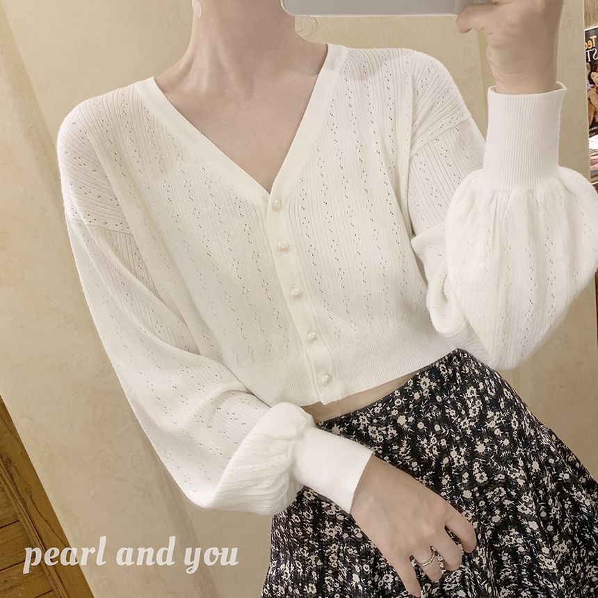 Glotto - V-hals effen pointelle gebreide cropped cardigan