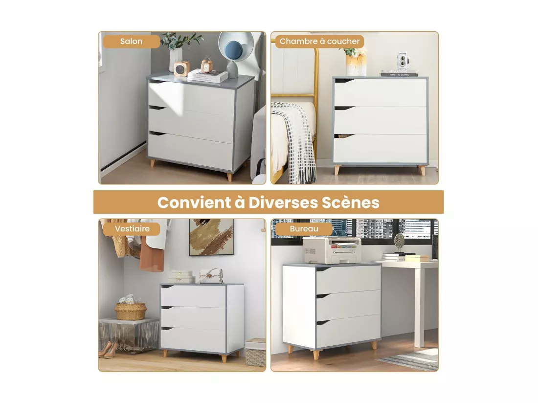 Commode Chambre 3 Tiroirs, Commode Chambre Adulte Enfant, Chiffonnier Commode Blanc Bois, Design Scandinave, Poignée Intégrée, Dispositif Anti-basculement Inclus, 75 x 42 x 75 cm