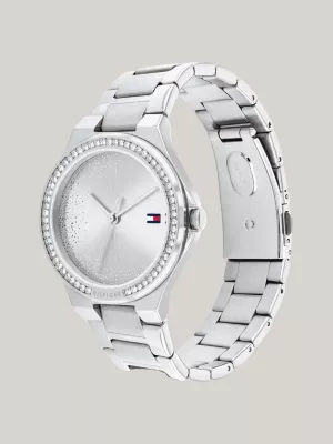 Relógio com pulseira de aço inoxidável cravejada de cristais