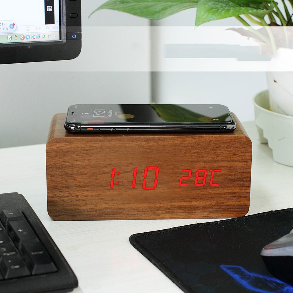 LED Wecker Holz Tischuhr Qi Wireless Ladegerät mit Sound Control - Schwarz