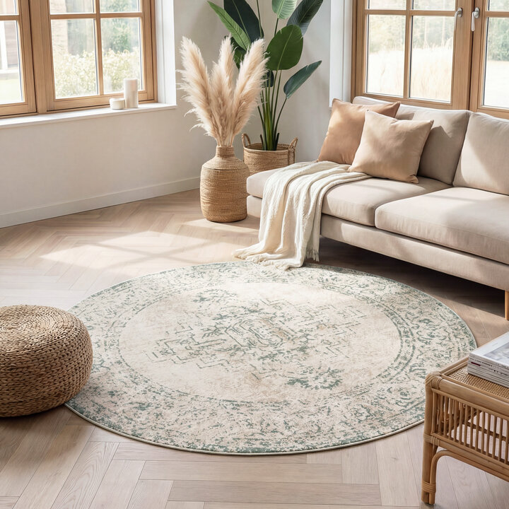 Rond vintage vloerkleed - Spring Ethnic Creme/Groen