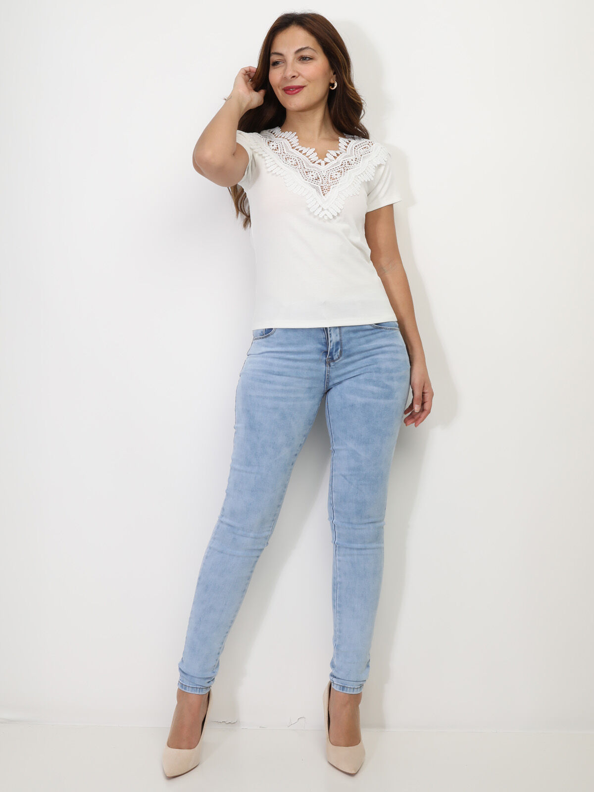 T-shirt à détail dentelle- Blanc