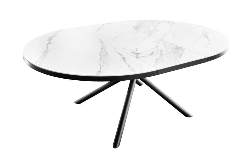 Ausziehbarer Esstisch MIKADO 120-160cm weiß Keramik oval schwarz Sterngestell