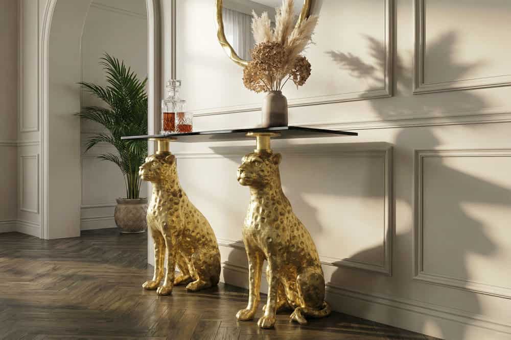 Freistehender Konsolentisch PANTHER 115cm gold Metall mit Marmor-Platte handmade
