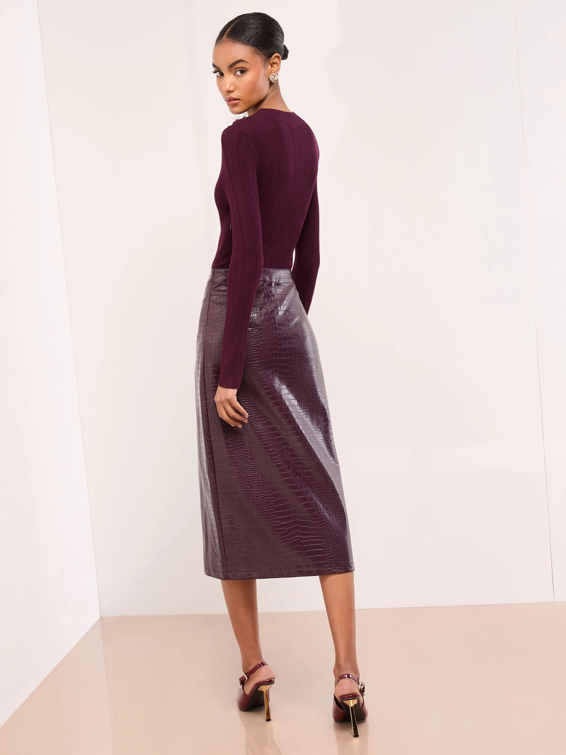 Lipsy Faux Leather 2-In-1 Crew Neck Long Sleeve Knitted Midi Dress