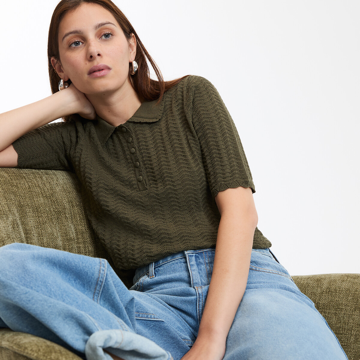 COLEÇÕES LA REDOUTE<br>Suéter com gola polo, malha fina