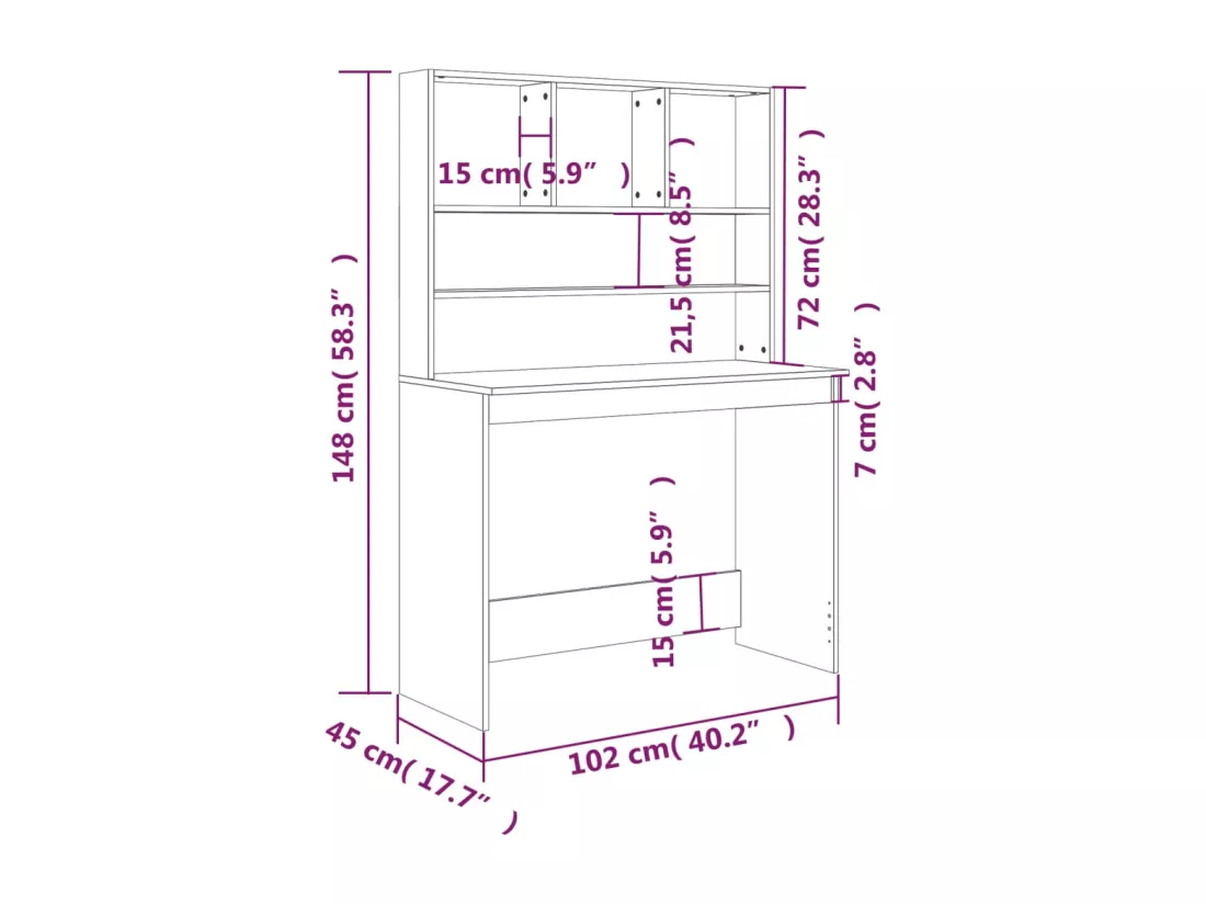 Bureau avec étagères Gris béton 102x45x148 cm Bois d'ingénierie