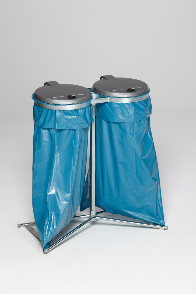 PROREGAL Robuuste dubbele afvalbak met kunststof deksel, stationair, 2 x 120 liter, HxBxD 98 x 85 x 48 cm, gegalvaniseerd staal, zilver