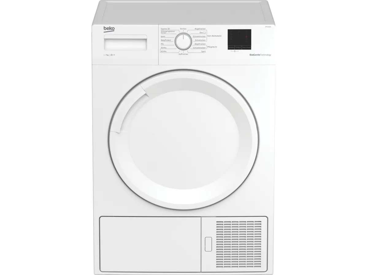 Beko DPS7206PA, Fritstående, Front-læsning, Varmepumpe, Hvid, Knapper, Dreje, Berøring, Venstre