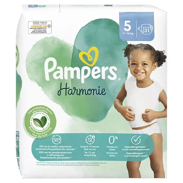 Fraldas Pampers Harmonie Tamanho 5, 31 unidades, 11kg - 16kg, Proteção suave para a pele