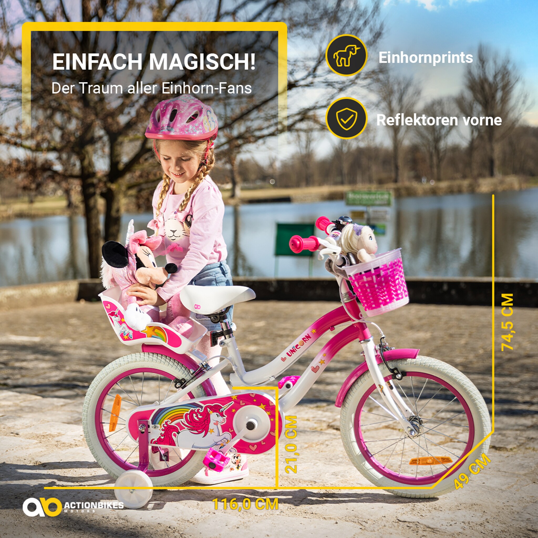 Actionbikes Kinderfahrrad Unicorn 16 Zoll, Pink, Einhorn-Design, Puppensitz, Stützräder, Fahrradkorb