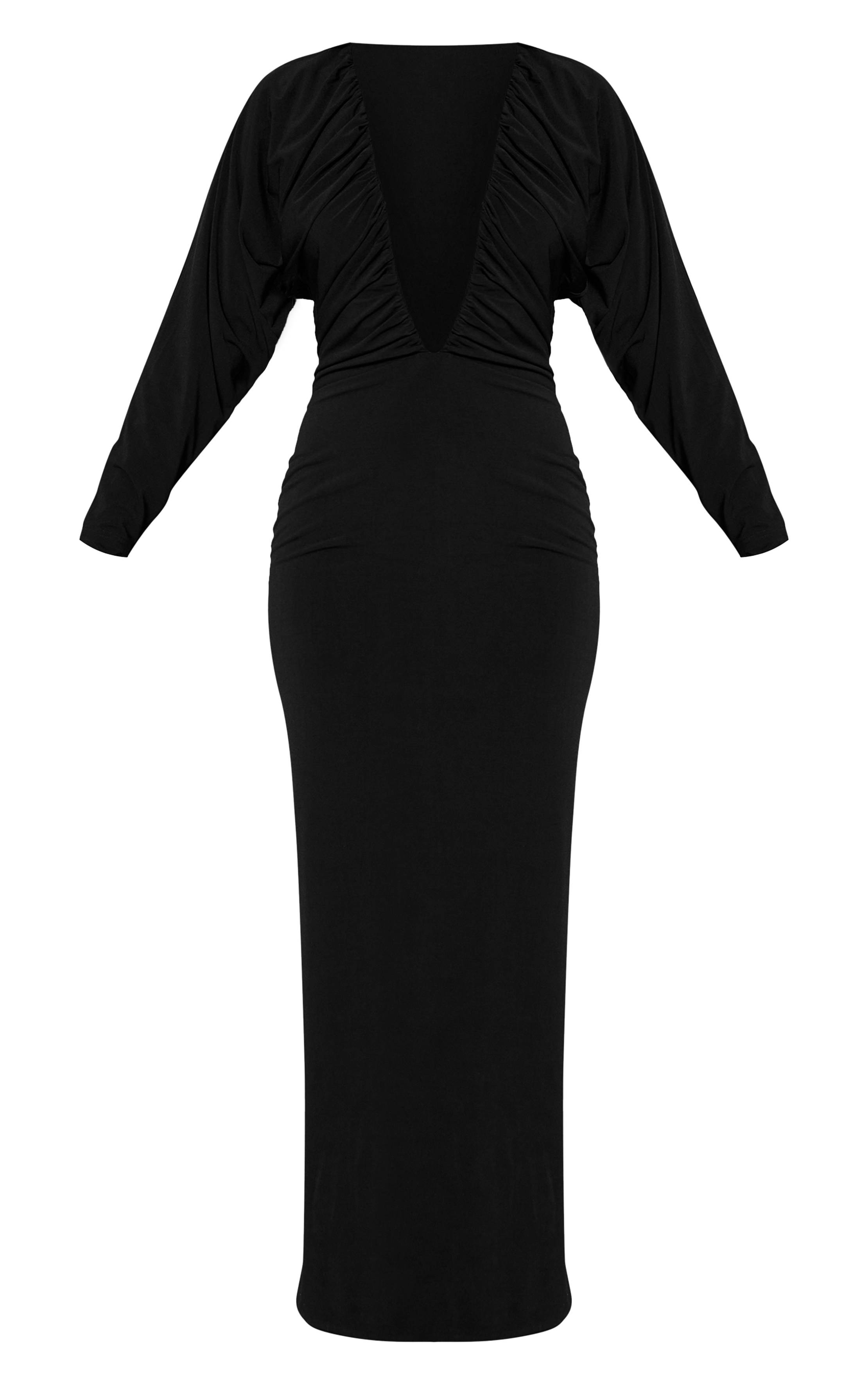 Noir Robe Maxi Moulante À Manches Chauve-souris Col Plongeant Froncée En Tissu Slinky Plt Label