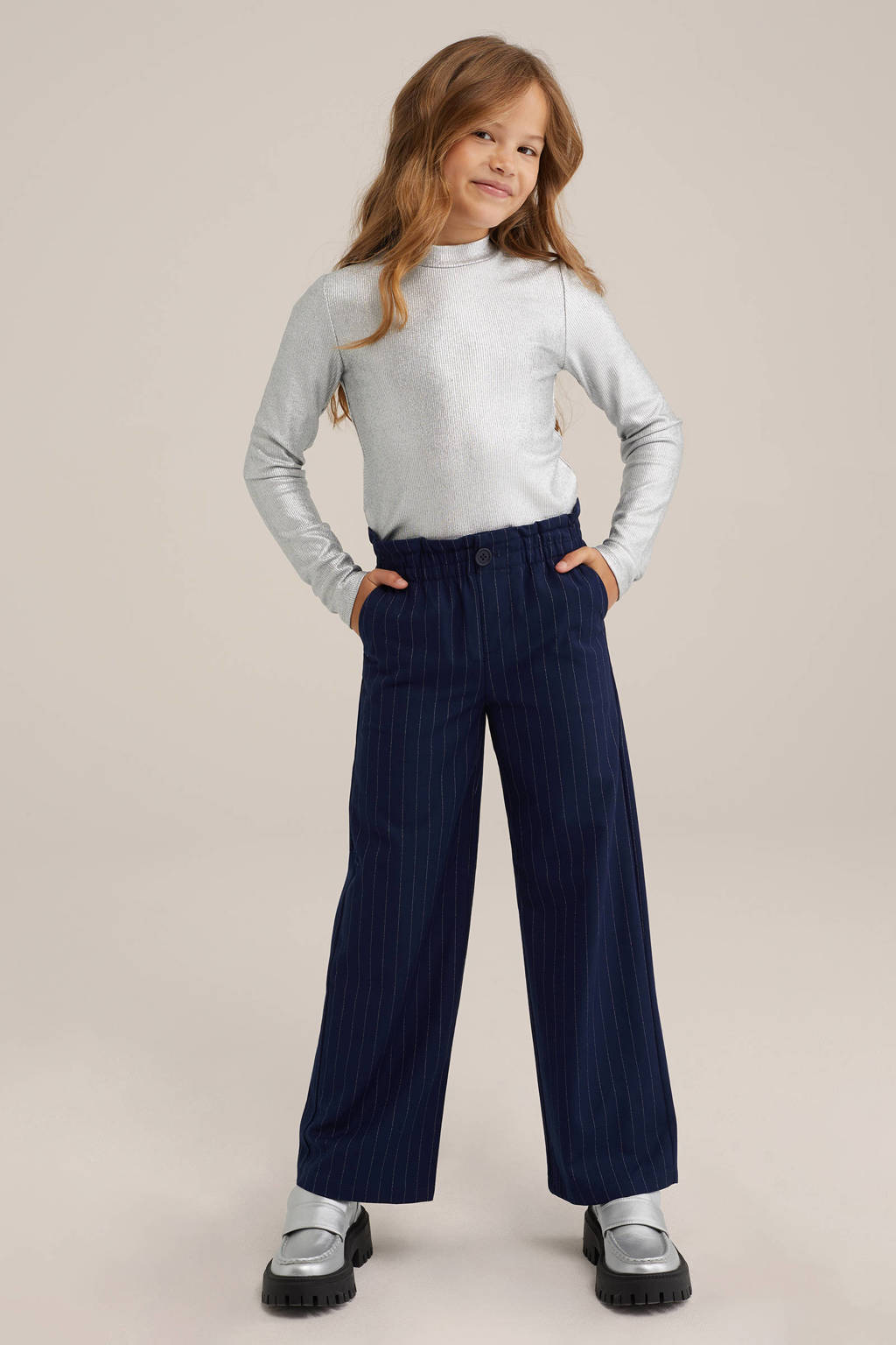 WE Fashion broek met krijtstreep donkerblauw/wit