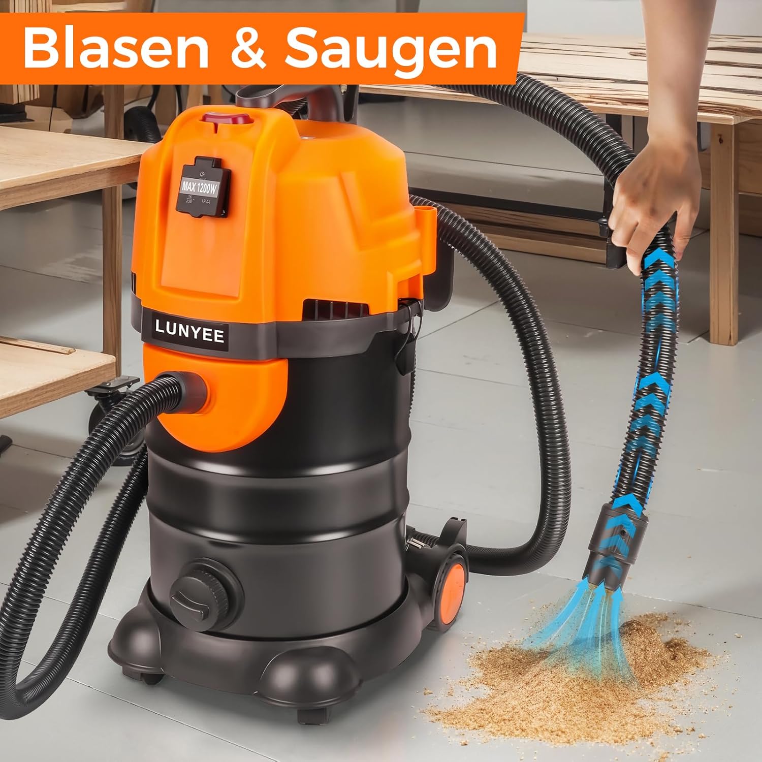LUNYEE 19KPa Industriestaubsauger mit Einschaltautomatik 30L,1800W Industriesauger Beutellos mit Automatischem Vakuumschalter Zyklon-Staubabscheider Werkstattsauger für CNC-Maschine(Orange)