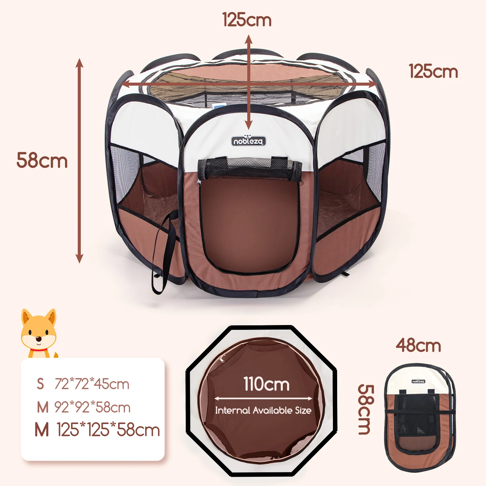 Nobleza - Cercado dobrável para cães, cercado portátil para cães, cercado impermeável em tecido Oxford, gaiola octogonal para filhotes, gatos, cães e coelhos, 125x125x58cm (marrom)