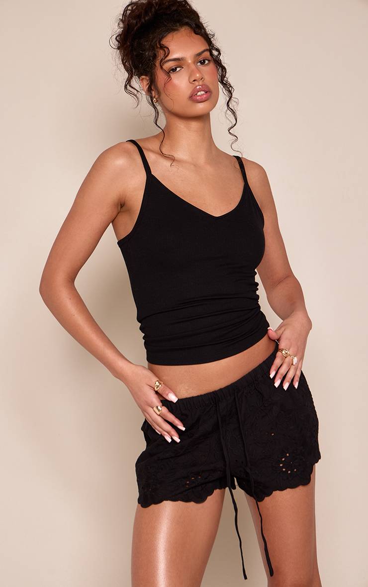 Noir Short En Coton Broderie Anglaise Avec Cordon De Serrage