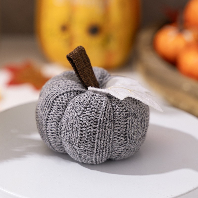 (Ø85x70mm) Strick Herbst Kürbis Deko Aufsteller Home Accessoire Thanksgiving Tischdekoration - Grau