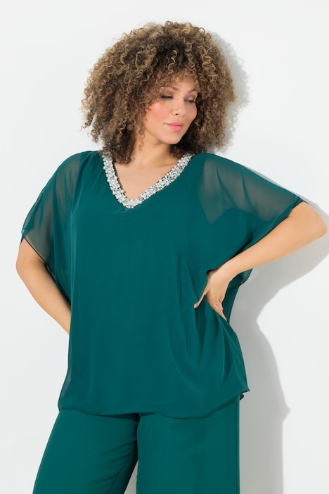 Chiffonbluse, doppellagig, V-Ausschnitt, Halbarm