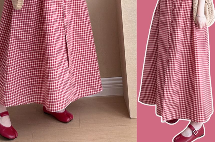 NEUF - Zwangerschapsjurk met mouwloze ronde hals, geruite knoopsluiting en A-lijn