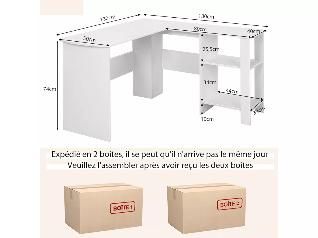 Bureau d'angle en Forme de L, Table Informatique avec Étagères de Rangement à 2 Niveaux, 2 Passe-câbles, Bureau d'Ordinateur pour Bureau, Chambre, 130 x 130 x 74 cm, Blanc