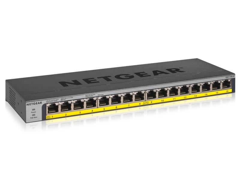 Netgear PoE  Switch GS116LP 16 Port Gigabit Ethernet Unmanaged Switch mit 16-Port PoE/PoE