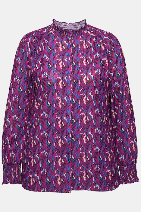 Bluse, Smok-Details, A-Linie, Stehkragen, Langarm