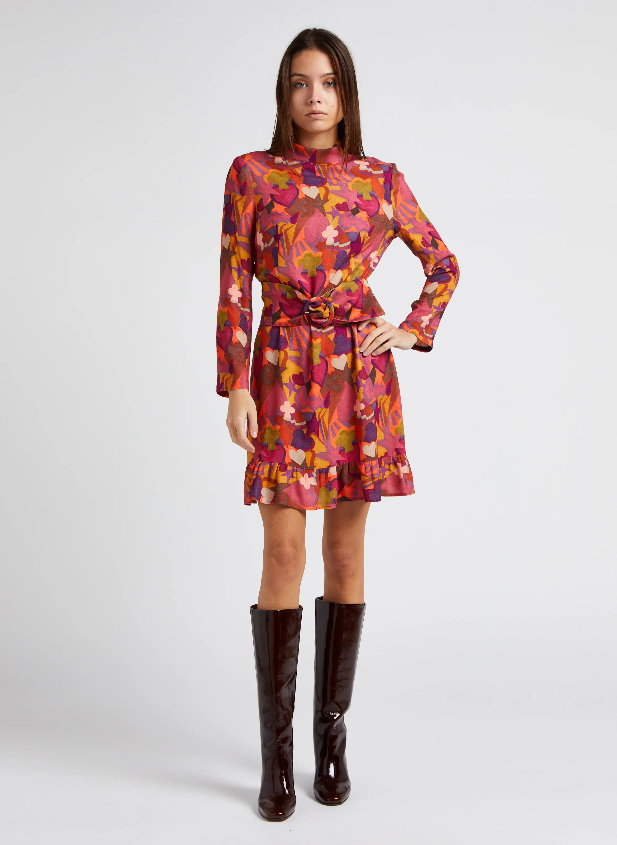 BONNE ETOILE - Robe courte évasée col montant imprimée | Rose