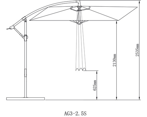 Soluna Lyon zweefparasol, 250 x 250 cm, hoogte 270 cm, donkergrijs, inclusief kruisvoet.