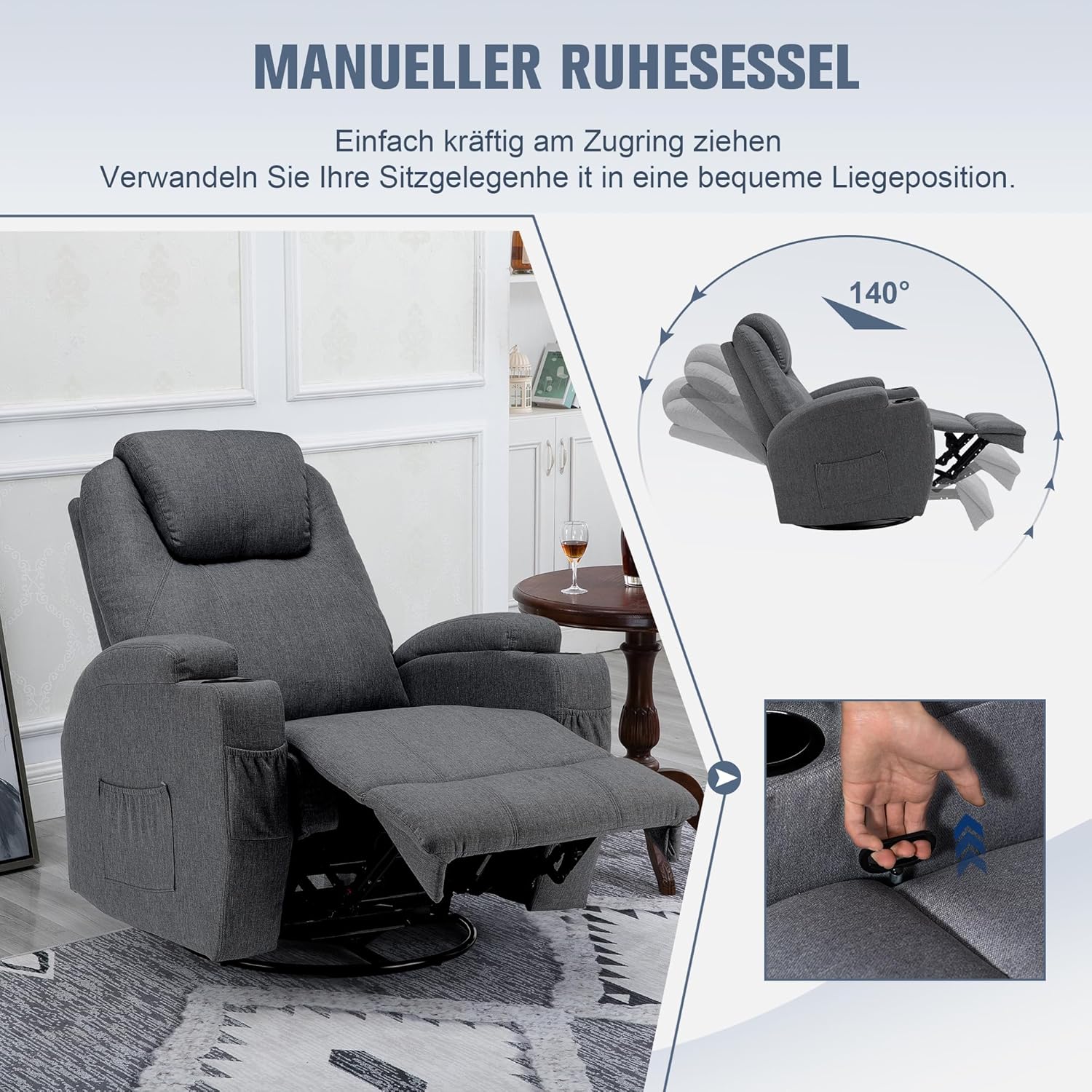 Fernsehsessel Relaxsessel Massagesessel mit Wärmefunktion und Vibration,Fernbedienung 360° Drehbar Leinen-Gray