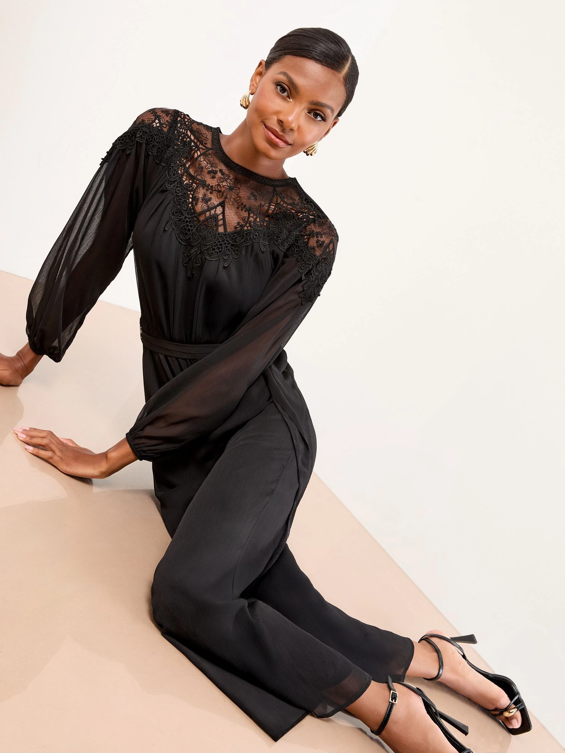 Lipsy Long Sleeve Lace Cutwork Jumpsuit