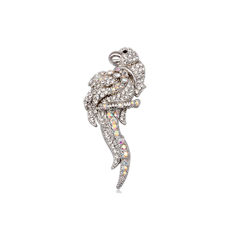 Broche Perroquet en Cristal Blanc et Plaqué Rhodium