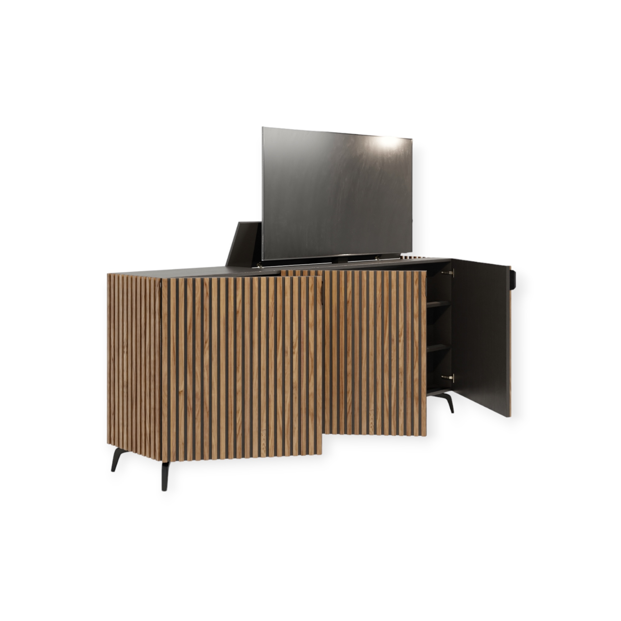 TV lift meubel Modern Latjes 55 inch 3 deurs rondom afgewerkt met latjes