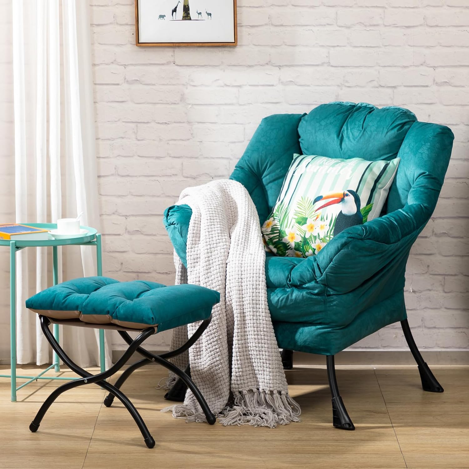 HollyHOME Sessel mit Hocker Ohrensessel mit Hocker Sessel Wohnzimmer Relaxsessel Schlafzimmer Lesesessel Lounge Sessels Armlehnensessel, Blau Grün
