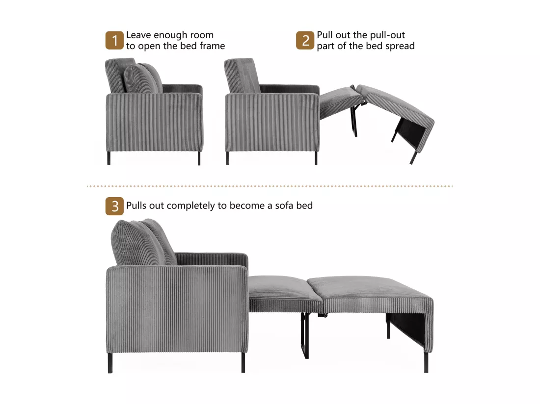 Canape 2 places convertible clic-clac, en Velours côtelé gris, Couchage 170 cm, Matelas 10 cm, pour Studio/Salon/Chambre