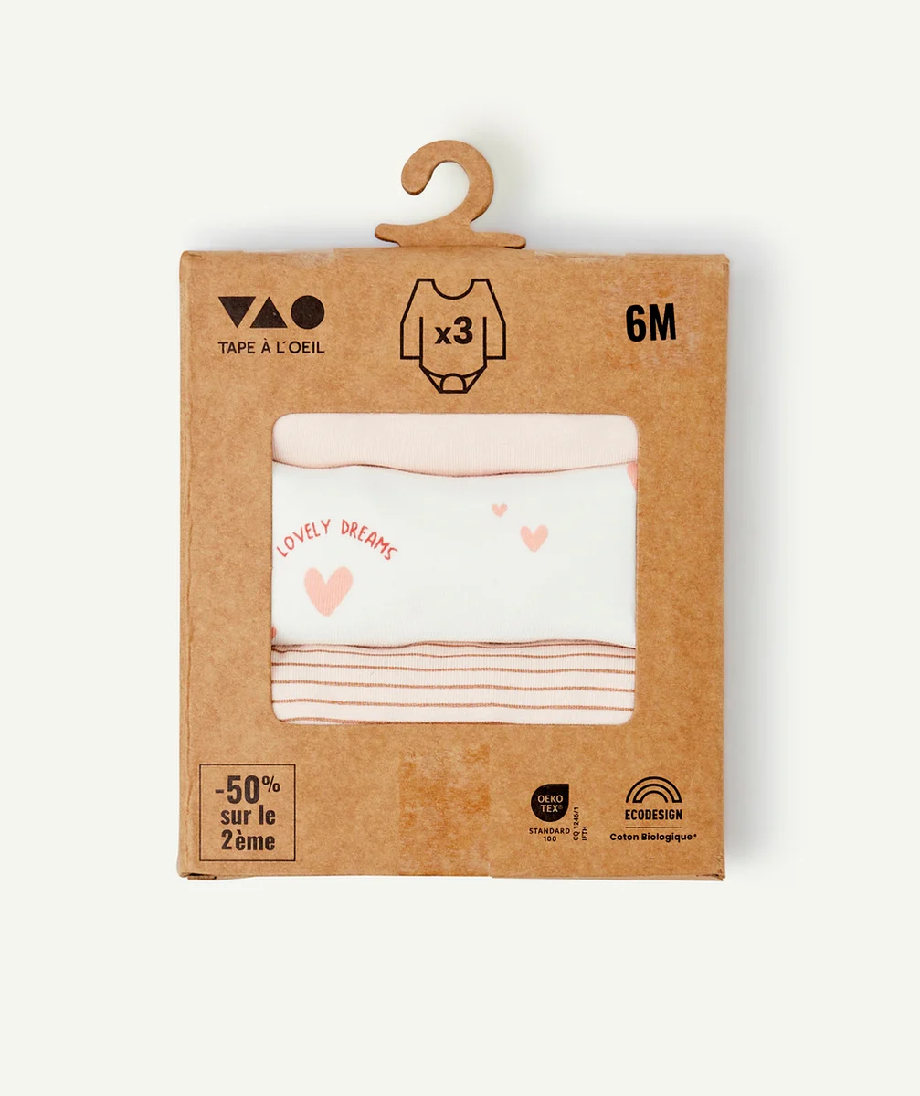 LOT DE 3 BODIES BÉBÉ EN COTON BIO BLANC ET ROSE UNIS ET IMPRIMÉS