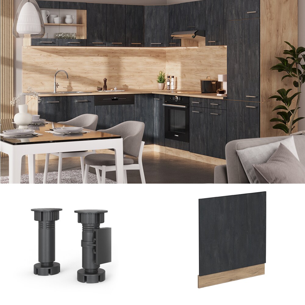 Vicco Geschirrspülerblende R-Line Schwarz Beton Eiche 60 cm mit Arbeitsplatte Weiß-Marmor
